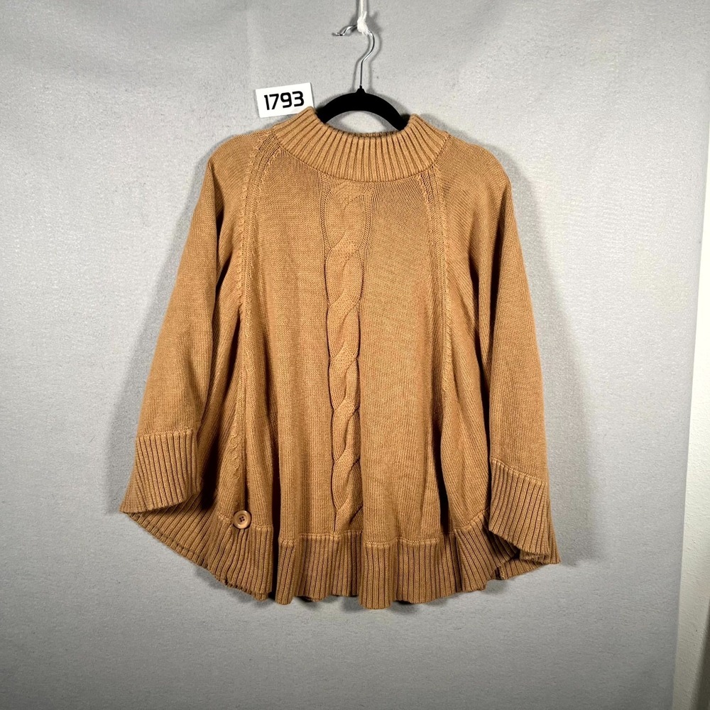 The Tog Shop Poncho Sweater Womens S/M Camel Tan Cable Knit Mock Neck Winter
